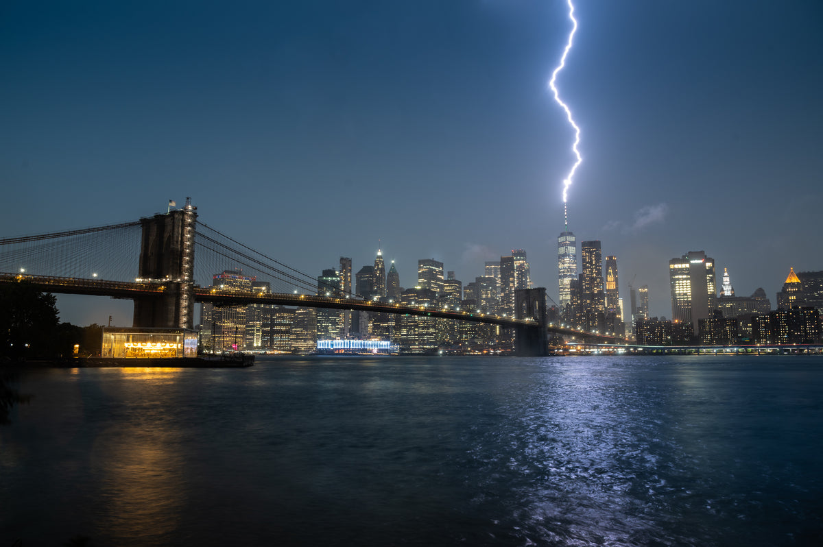 Mazen Hamam - Manhattan lightening  with Brooklyn Bridge photography  wall art